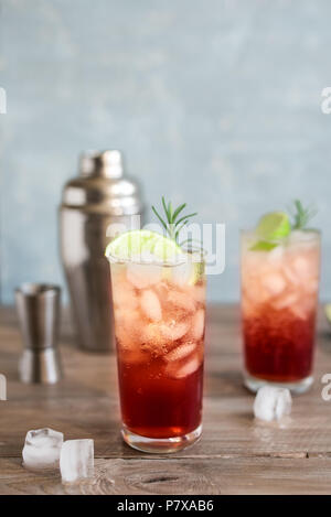 Sloe Gin Fizz Cocktail. Rosa kalten Alkohol trinken mit Eis, Kalk und Soda, kopieren. Stockfoto