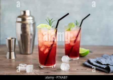 Sloe Gin Fizz Cocktail. Rosa kalten Alkohol trinken mit Eis, Kalk und Soda, kopieren. Stockfoto