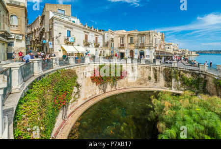 Der Brunnen der Arethusa und Syrakus an einem sonnigen Sommertag. Sizilien, Italien. Stockfoto