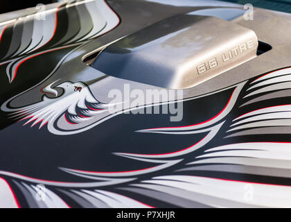 GROSSE POINTE SHORES, MI/USA - 17. JUNI 2018: Nahaufnahme einer 1979 Pontiac Firebird Trans AM 6,6 Liter Lufthutze an der EyesOn Design zeigen. Stockfoto