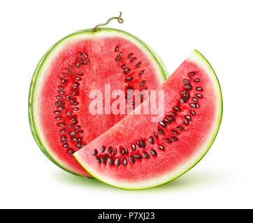 Hälfte und Scheibe frische Wassermelone auf weißem Hintergrund mit Freistellungspfad isoliert Stockfoto