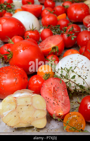 Blatt pan aus gerösteten Tomaten, Knoblauch, Kräutern und Olivenöl Stockfoto