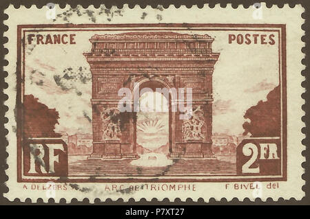 Stempel von Frankreich; 1931; Briefmarke des Themas "Tourismus"; Zeichnung des Arc de Triomphe de l'Étoile in Paris; Stempel Poststempel Stempel: Michel: Nr. 263; Yvert et Tellier: Nr. 258; AFA: Nr. 233 Farbe: rötlich braun mit braun rot Wasserzeichen: keine Nennwert: 2 FR (Franken) Porto Gültigkeit: vom 29. August 1931 bis 14. Februar 1935 Stempel Bild Größe (Fläche ohne unten Signature Line gedruckt): 36,0 x 21,0 mm. 29. August 1931 (erste Ausgabe Tag der Briefmarke) 161 FRA 1931 MiNr 0263 pm B002 Stockfoto