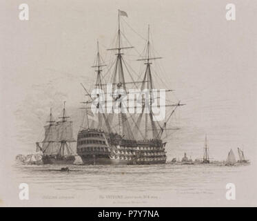 Englisch: HMS VICTORY in Portsmouth Harbour mit einer Kohle Schiff neben, 1828. Radierung von Edward William Cooke auf Seine eigene Zeichnung basiert. ca. 1828 194 HMS VICTORY in Portsmouth Harbour mit einer Kohle Schiff neben, 1828 Stockfoto