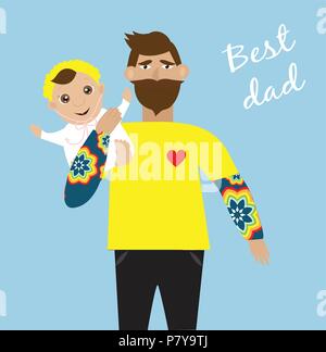 Happy Vatertag Grußkarte mit Vati Holding smiling baby auf Händen. Stock Vektor