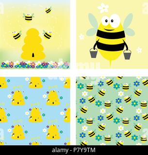 Bienen und Honig. Zwei Karten und zwei nahtlose Muster. Stock Vektor