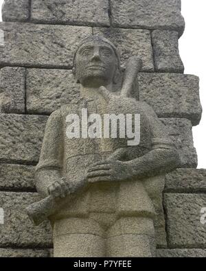 Denkmal für die galicische Piper, 1965. Der spanische Bildhauer Antonio Failde. Detail. Monte de Santa Cruz. Ribadeo. Provinz Lugo. Galizien. Spanien. Stockfoto