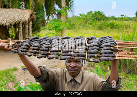 Fische, geräuchert, ugandische Mann Verkauf von Fisch am Straßenrand, Straßenverkäufer, Uganda, Ostafrika Stockfoto