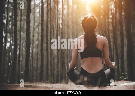 Rückansicht des schönen frau yoga Pose in einer ruhigen, natürlichen Wald. Lifestyle und Meditation Konzept. Gesunde und mentales Training Konzept. Herbst Stockfoto