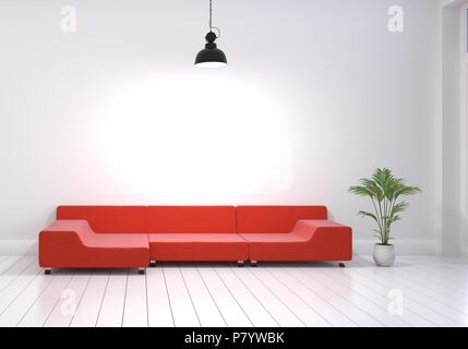 Moderne Raumgestaltung Wohnzimmer mit Sofa und Blumentopf Rot auf Weiß glänzenden Holzfußboden. Schalten Sie hängende Lampe an der Wand. Haus und Wohnen Konzept. Stockfoto