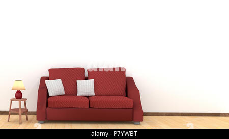 Moderne Raumgestaltung Wohnzimmer mit roten Sofa auf Holzboden. Weiß Kissen und Lampe auf holztisch Elemente. Haus und Wohnen Konzept. Lifest Stockfoto