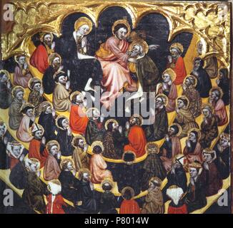 Retablo del Salvador, primer Quarto de s. Xv. La comunión de los Santos. Ein Atribuido Jaume Ferrer I. Pintura al Tempel sobre Tabla. Museu Diocesà de Lleida. Stockfoto
