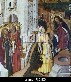 Retablo de la Transfiguración, 1445-1452. Jesús y la Samaritana. Pintura al Tempel sobre Tabla. Catedral de Barcelona. Stockfoto