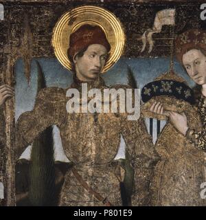 Saint George und die Prinzessin, 1459-1460. Detail. Tempera, Stuck, Blattgold und bleibt der Metallplatte auf Holz. 90 x 58,5 x 2,3 cm. Dieses Panel war Teil eines unbekannten Struktur, die auch zwei Platten mit zwei Spender, begleitet von Johannes dem Täufer und der hl. Ludwig von Toulouse. Bis 1945 bei Kaiser Friedrich Museum in Berlin gehalten wurden. Herkunft unbekannt. Museu Nacional d'Art de Catalunya, Barcelona. Stockfoto
