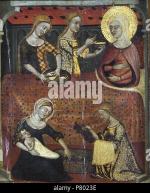 Altarbild des Heiligen Johannes, circa 1356. Geburt der Jungfrau Maria. Tempera und Blattgold auf Holz. 220,5 x 209,8 x 11,5 cm. Von der Kapelle des Schlosses von Santa Coloma de Queralt (Conca de Barbera). Museu Nacional d'Art de Catalunya. Stockfoto