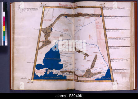 . Zweite Karte von Asien (Byzanz und Umgebung), in voller Gold Grenze.. Latina: Secunda Asiae Tabula Englisch: in De Ricci, Seymour, Volkszählung Handschriften des Mittelalters und der Renaissance in den Vereinigten Staaten und Kanada aufgeführt. New York. New York: H.W. Wilson, 1935; und Ergänzen, New York, N.Y.: Bibliographische Gesellschaft von Amerika, 1962. Ownership: Original Wappen abgeschabt aus. Frühe Besitzer "L. B." aus den Armen jetzt auf w. 1. 1 Schreiber. 27 Karten. Auf f1, 10-line Gold erste mit vinescroll bis in Grenzen. Gold Rubrik. Wappen. 9-line gold Initialen mit vinescroll an Öffnungen der großen Sekte erscheinen Stockfoto