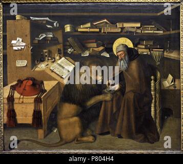 Der heilige Hieronymus (340-420). Der heilige Hieronymus in seiner Studie, um 1445. Gemälde von colantonio (1440-1470). Bourbon Collection. National Museum von Capodimonte. Neapel. Italien. Stockfoto
