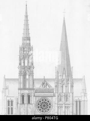 Englisch: Monographie de la Cathédrale de Chartres. Atlas. Detail zeigt die zwei Türme von der Westfront. Français: Monographie de la Cathédrale de Chartres. Atlas. Planche n° 4: façade Occidentale. Paris, Imprimerie Imperiale, 1867 276 Monografie de la Cathedrale de Chartres - 04 Fassade occidentale - Tiefdruck (7/8) Stockfoto