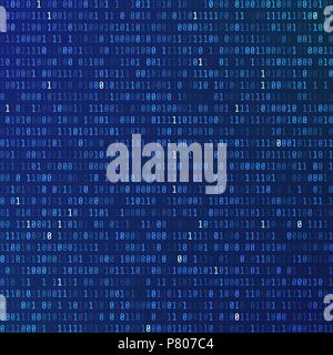 Der binäre Code. Programmierung kodierten Informationen. Technologie Hintergrund. Stream von Nullen und Einsen. Matrix der Zahlen auf blauem Hintergrund. Vektor illustrati Stock Vektor