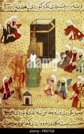 Muhammad Angriff von den heidnischen Abu-Jahl. Miniatur aus dem Siyer-i Nebi, Türkische Epos über das Leben von Mohammed. Miniatur Abbildung von Ahmed Nur Ibn Mustafa, 16. Topkapi Sarayi Museum Bibliothek. Istanbul, Türkei. Stockfoto