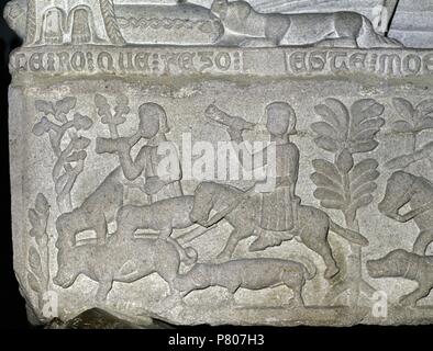 Fernan Perez de Andrade (d. 1397). Spanische Ritter. Detail. Hunter von Wildschwein. Erleichterung. St. Franziskus Kirche. Betanzos. Galizien. Spanien. Stockfoto