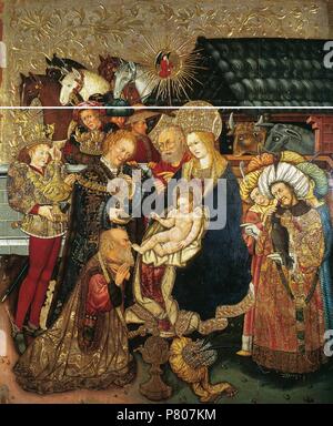 Jaume Ferrer II. (15. Jahrhundert). Epiphanie. Die Anbetung der Könige, 1457. Malerei auf Holz. Von der Kirche de la Sang, Alcover, Tarragona. Diözesan Museum von Tarragona, Katalonien, Spanien. Stockfoto