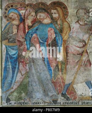 Juan Oliver. Maler. Aktiv in Navarra, Spanien, 14. Kreuzigung, 1330. Trauernde Jungfrau Maria. Fresko. Zönakel von Pamplona entfernt. Gothic. Das Museum von Navarra, Pamplona, Spanien. Stockfoto