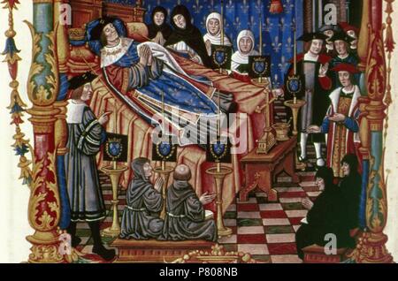 Ludwig XI. von Frankreich (1423-1483). Monarch von Haus von Valois. Der König von Frankreich, 1461-83. Miniatur. Der Tod von Ludwig XI. Auf seiner Burg, Plessis-les-Tours, 1483. Französische Manuskriptillumination, aus dem 15. Jahrhundert. Stockfoto