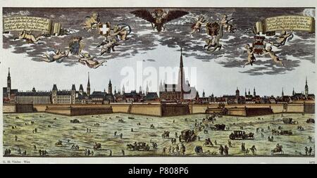Österreich. Wien. Panorama der Stadt vor der türkischen Belagerung von 1683. Im Hintergrund, die Kathedrale von St. Stephan. 17. Jahrhundert. Stockfoto