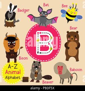 Cute Zoo für Kinder alphabet B schreiben Tracing von funny animal Cartoon für Kinder Englisch Vokabeln lernen Stock Vektor