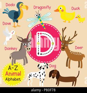 Cute Zoo für Kinder alphabet D schreiben Tracing von funny animal Cartoon für Kinder Englisch Vokabeln lernen Stock Vektor