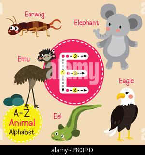Cute Zoo für Kinder alphabet E schreiben Tracing von funny animal Cartoon für Kinder Englisch Vokabeln lernen Stock Vektor