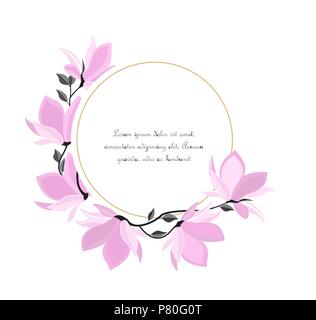 Vector Illustration Filialen mit Blumenschmuck. Feder Magnolia. Rahmen mit rosa Blüten Stock Vektor