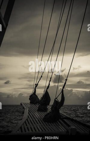 Werbung, Reisen und Urlaub Konzept - der Blick auf den Ozean vom Bug eines Segelschiffes in Schwarz und Weiß Stockfoto