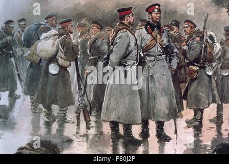 Ersten Balkankrieg (1912/13). Die bulgarische Armee in Thrakien. Feld Infanterie, Offiziere und Soldaten. Zeichnung von George Scott, 1912. Stockfoto