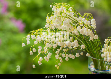 Ein Blumenstrauß aus Lilien auf das Tal in ein einfaches Glas Vase auf einem grünen Hintergrund. Hintergrund mit duftenden Mai Maiglöckchen. Stockfoto