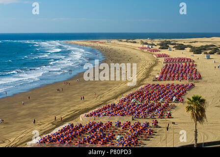 Blick auf den Strand von Playa del Ingles, an den Dünen von Maspalomas Stockfoto