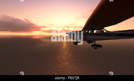 Das Flugzeug flog über dem Meer mit Sonnenuntergang Stockfoto