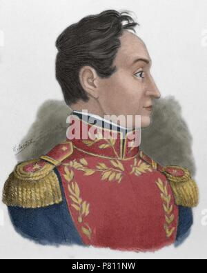 Simon Bolivar (1793-1830). Militärische und venezolanischer Staatsmann, genannt "Der Befreier". Porträt.  Gravur in "Americanos Celebres", 1888. von E. Vilardell. Farbige. Stockfoto