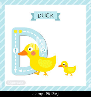 Buchstabe D Großbuchstaben niedliche Kinder bunte Zoo und Tiere ABC Alphabet tracing flashcard von Ente und Kind für Kinder Englisch lernen Vokabular und ha Stockfoto