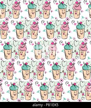 Mädchen und junge Eis Charakter und Kirsche, Rosa Herz. Der junge gibt die Kirsche zu dem Mädchen. Nahtlose grün pink beige Waffel cup Muster Stock Vektor