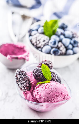 Blueberry und Black Ice Cream in Schüssel mit gefrorenen Früchten. Stockfoto