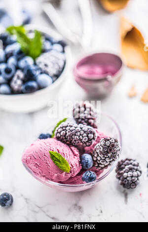 Blueberry und Black Ice Cream in Schüssel mit gefrorenen Früchten. Stockfoto