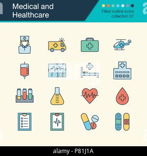 Medizin und Gesundheitswesen Symbole. Gefüllte Kontur Design Collection 7. Für die Präsentation, Grafik Design, Mobile, Web Design, Infografiken. Vect Stock Vektor
