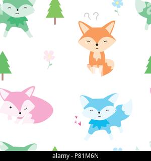 Süße kleine Fuchs und Baum nahtlose Muster. Fox Cartoon Stil für Gewebe Textilien, Tapeten, Webseite Hintergründe. Stock Vektor