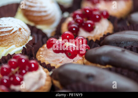 Nahaufnahme eines Cupcake mit Sahne und Früchten. Rote Johannisbeeren (rote Kirsche). Stockfoto