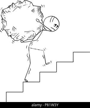 Cartoon von Mann, der große Stück Rock im Obergeschoss Stock Vektor