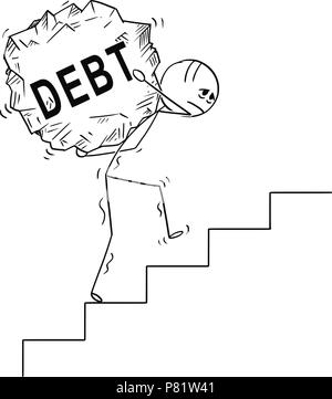 Cartoon von Mann, der große Stück Rock mit Text Schulden im Obergeschoss Stock Vektor