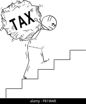 Cartoon von Mann, im Obergeschoss grosses Stück Rock mit Text Steuer Stock Vektor