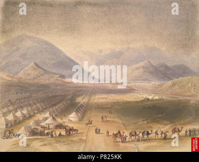 Lager der Kandahar Armee unter General Nott Diese Lithographie von Platte 5 der 'genommen wurde Afghaunistan' von Leutnant James Rattray. Er schrieb von dieser Szene: "Nach einem Marsch von 210 Meilen durch die Einöde und tolle Pässe der Welt, die Aussicht... platzt plötzlich auf der erfreut Augen der Lichtechtheit - müde Soldat." Das Lager der Truppen unter der Führung von General Sir William Nott auf der weiten Ebene von Chaman lay-e-Shah. Kabul ist dargestellt in der Ferne. Überragt alle sind die Höhen von Paghman. Rattray schrieb, daß, wenn dieses Befehls- und Secure Site getroffen, Earl hatte Stockfoto